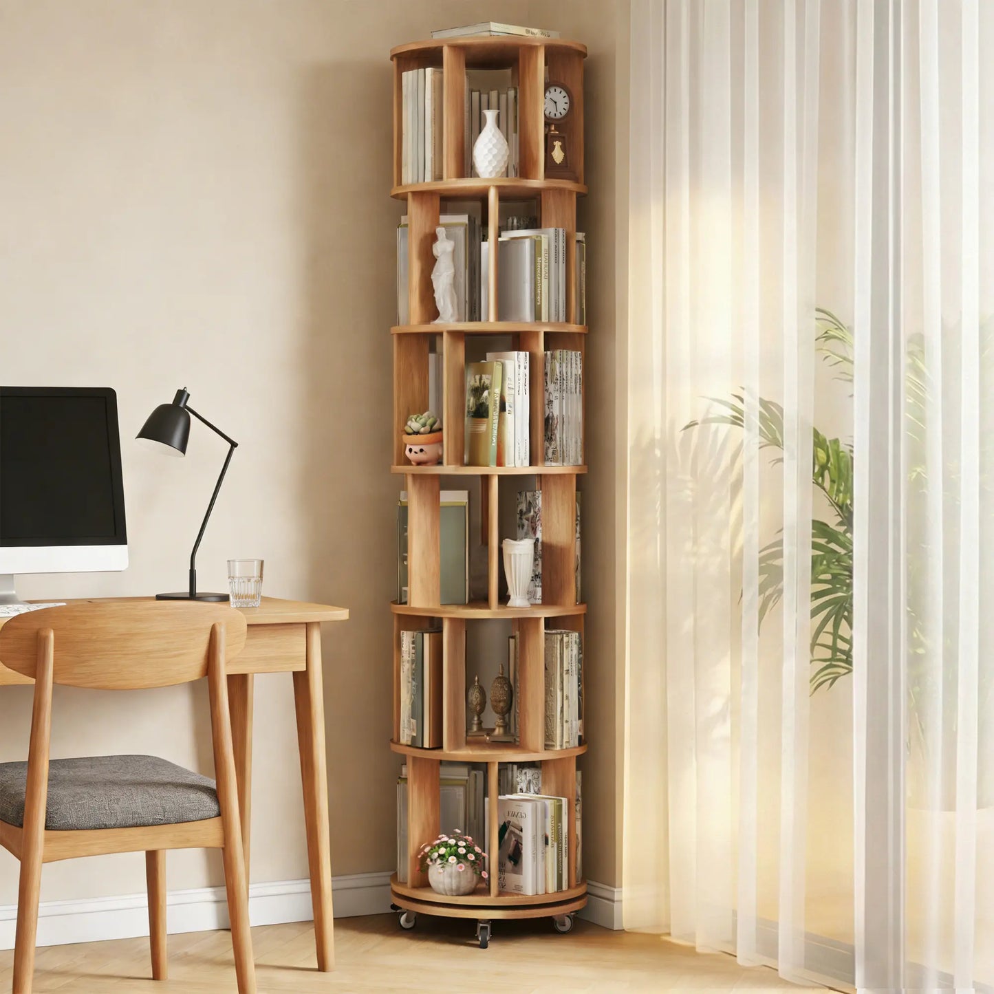 Solid Wood 6-Tier Rotating Bookshelf