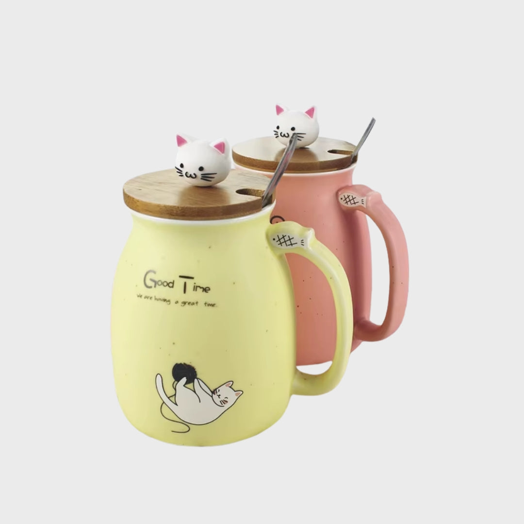 Sesame Cat Ceramic Mug – Heat-Resistant with Lid