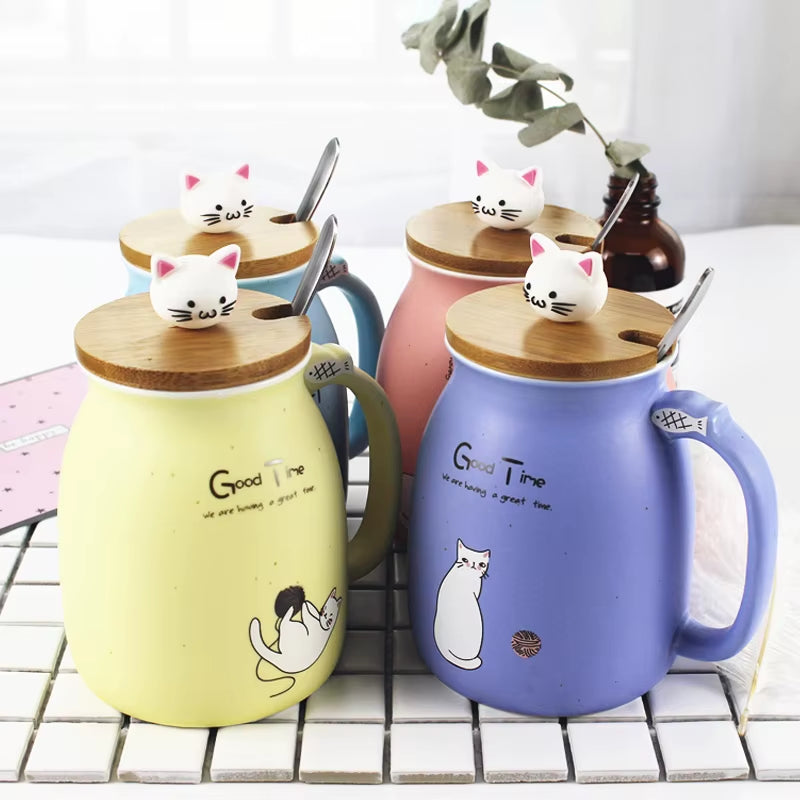 Sesame Cat Ceramic Mug – Heat-Resistant with Lid