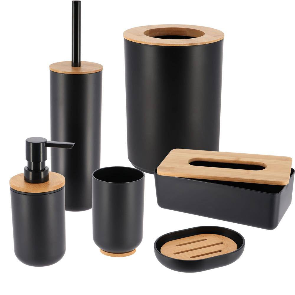 Black Toilet Brush & Holder Set with Bamboo Top