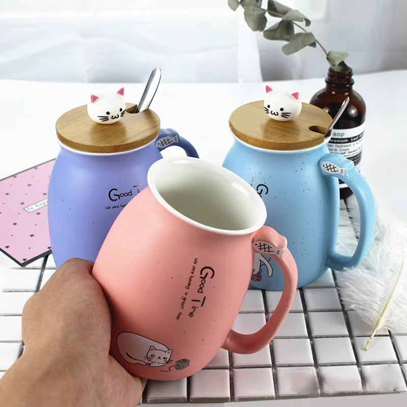 Sesame Cat Ceramic Mug – Heat-Resistant with Lid