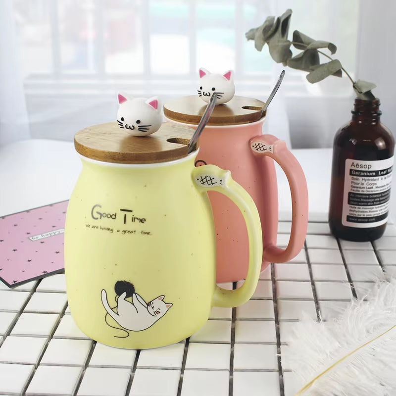 Sesame Cat Ceramic Mug – Heat-Resistant with Lid