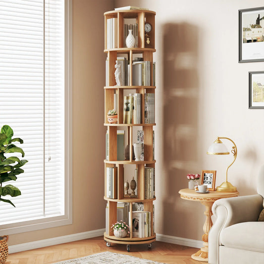 Solid Wood 6-Tier Rotating Bookshelf