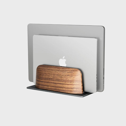 Dual-Slot Walnut Vertical Laptop Stand
