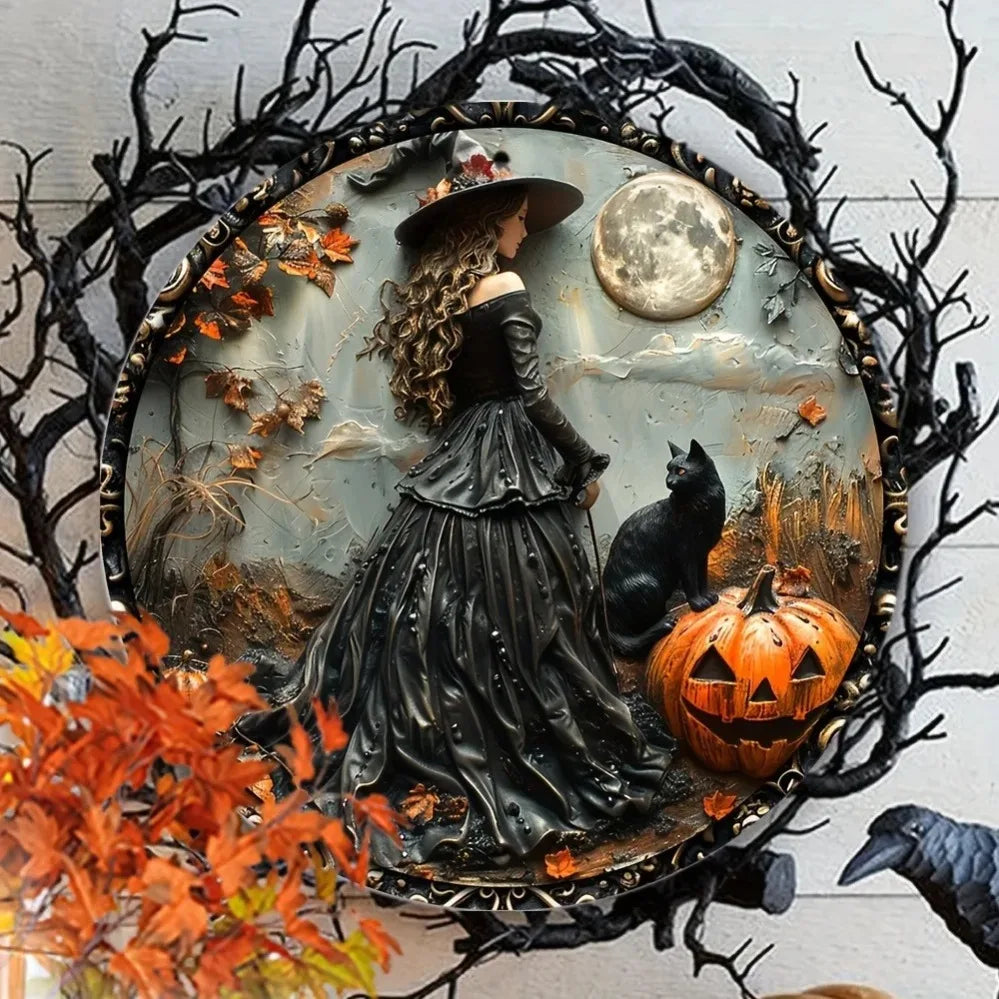 Gothic Witch & Black Cat Wooden Wall Art