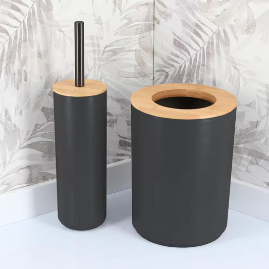 Black Toilet Brush & Holder Set with Bamboo Top