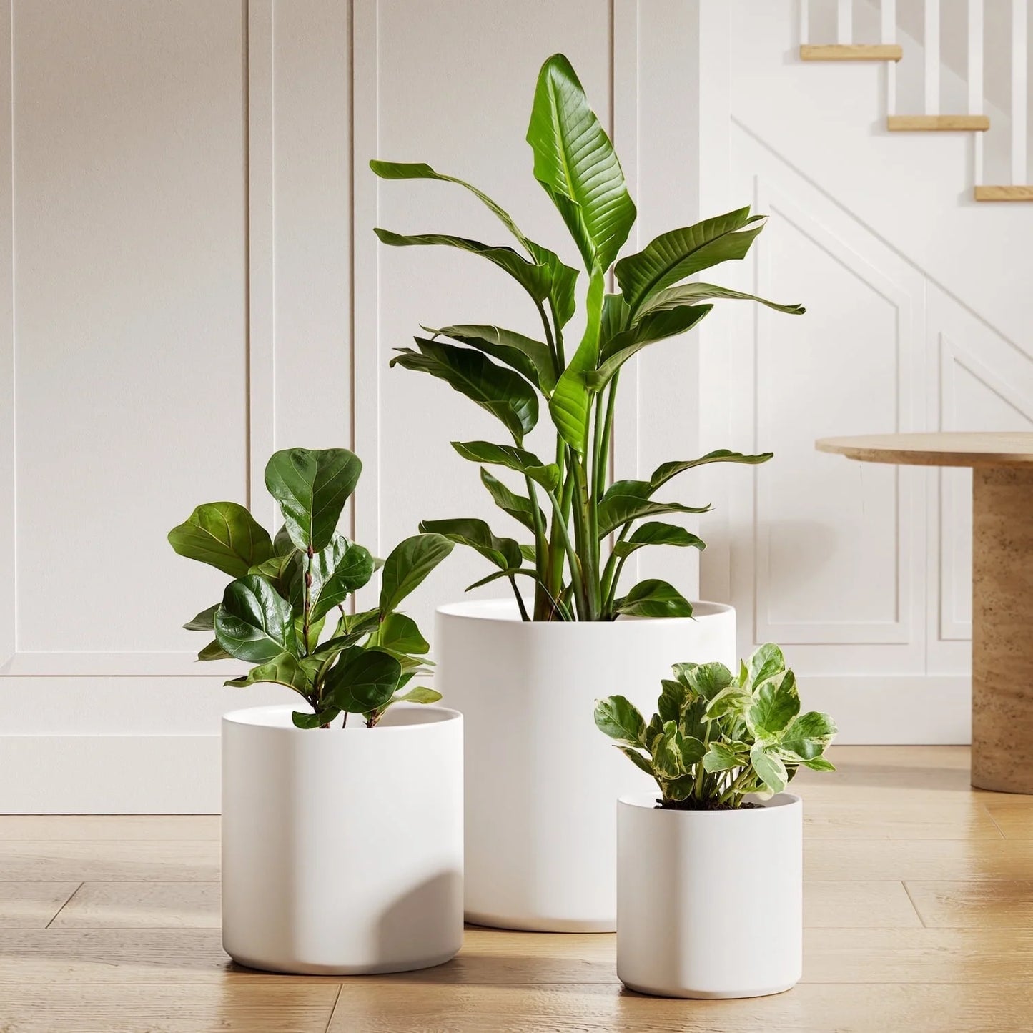 Set of 3 White Plant Pots with Drainage Holes & Plugs