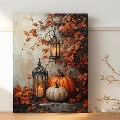 Halloween Pumpkin & Maple Leaves Canvas Wall Art