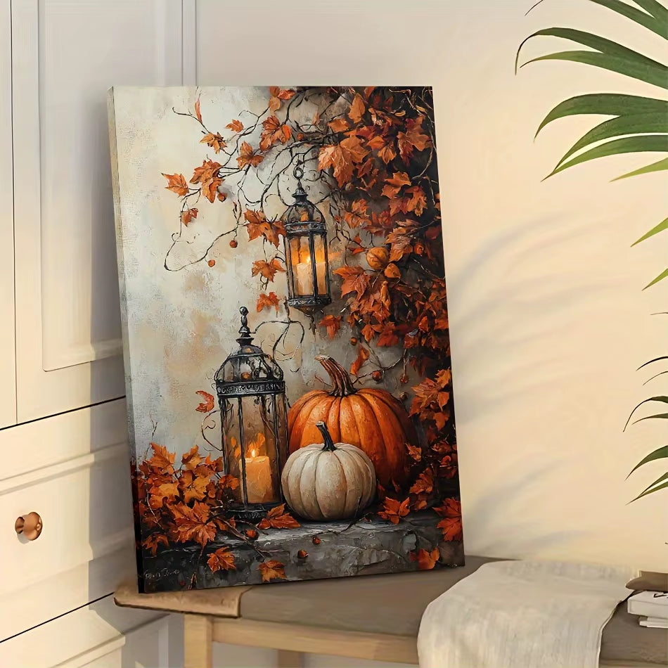 Halloween Pumpkin & Maple Leaves Canvas Wall Art