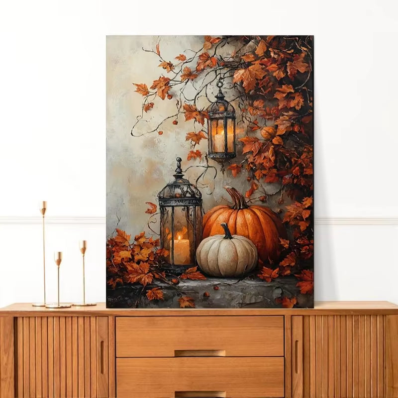 Halloween Pumpkin & Maple Leaves Canvas Wall Art