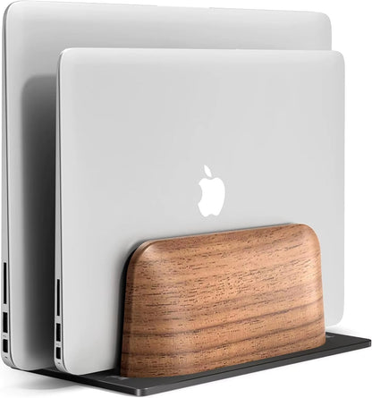Dual-Slot Walnut Vertical Laptop Stand