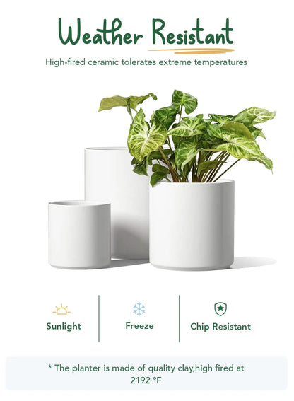 Set of 3 White Plant Pots with Drainage Holes & Plugs