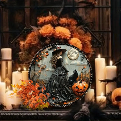 Gothic Witch & Black Cat Wooden Wall Art