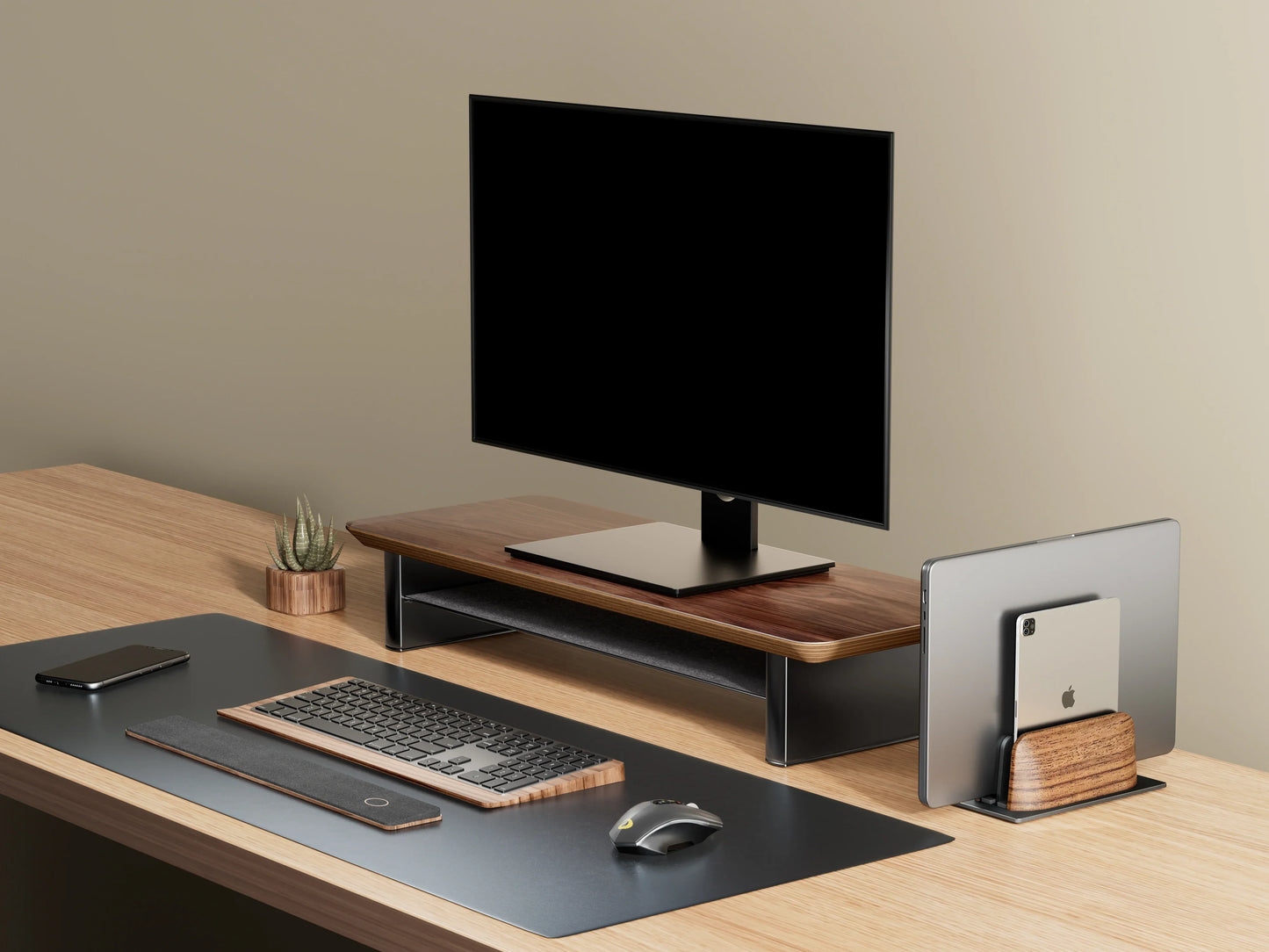 Dual-Slot Walnut Vertical Laptop Stand