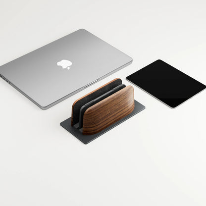 Dual-Slot Walnut Vertical Laptop Stand