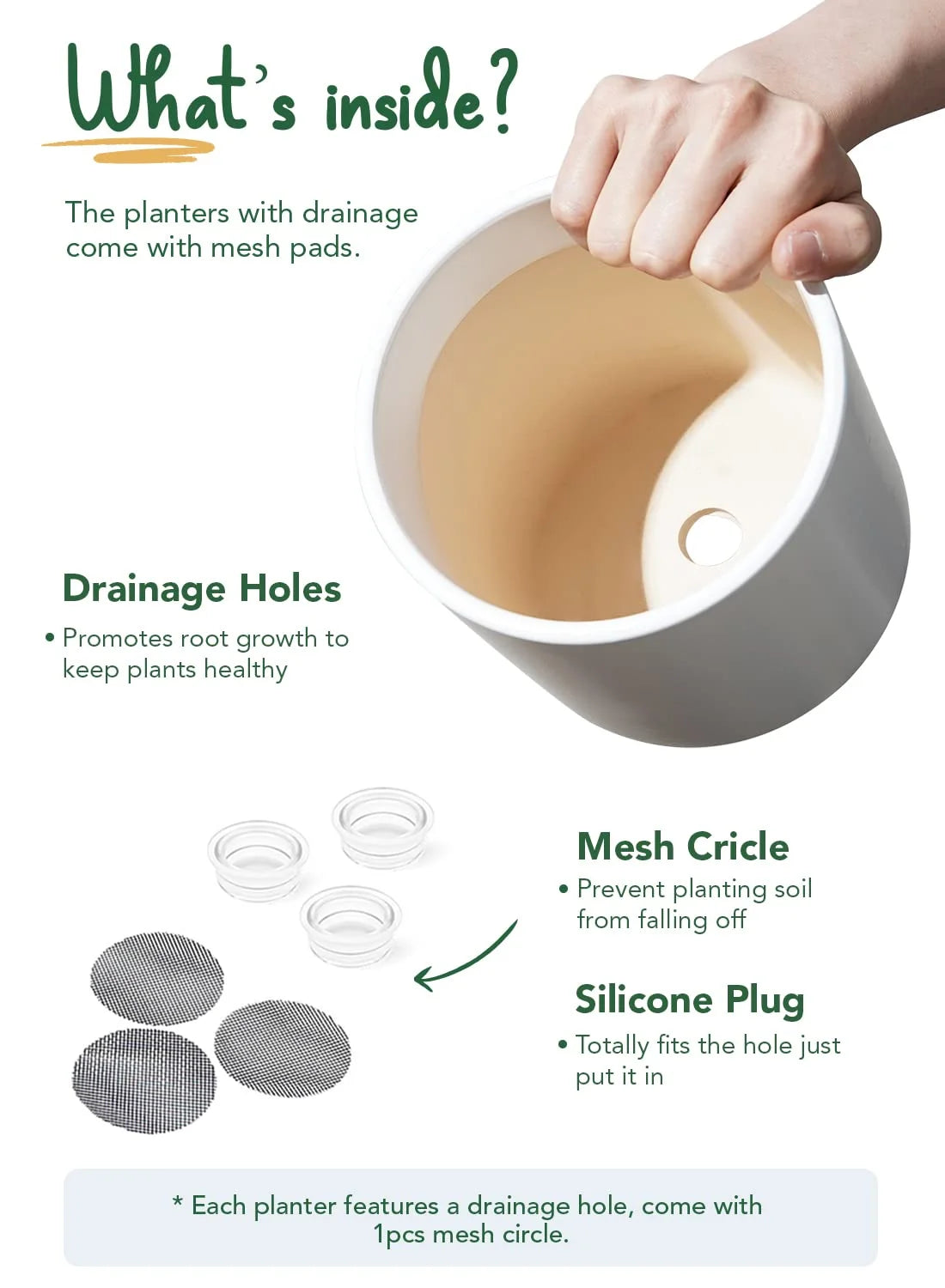 Set of 3 White Plant Pots with Drainage Holes & Plugs