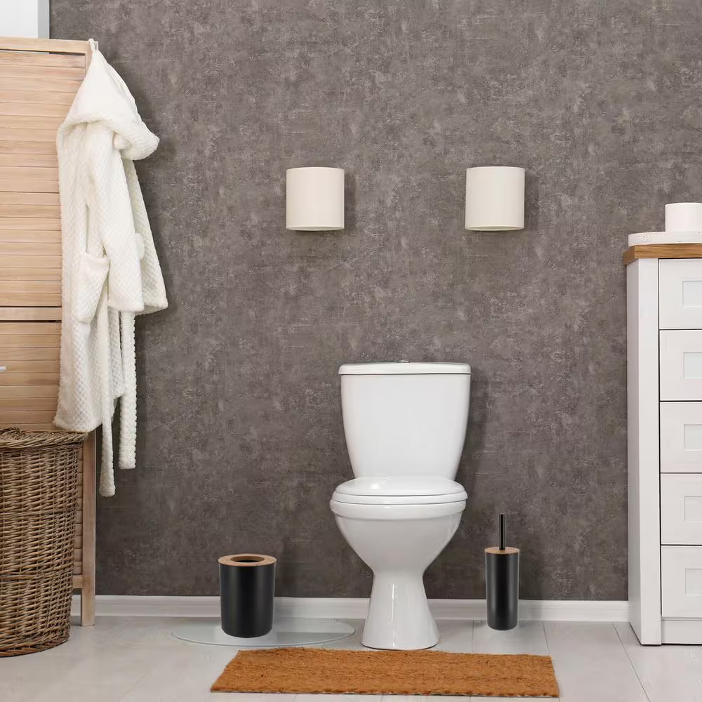 Black Toilet Brush & Holder Set with Bamboo Top