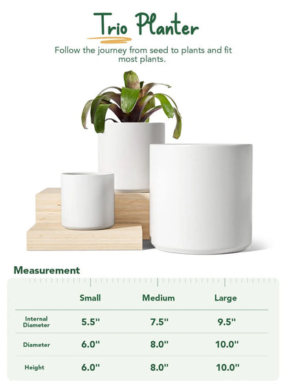 Set of 3 White Plant Pots with Drainage Holes & Plugs
