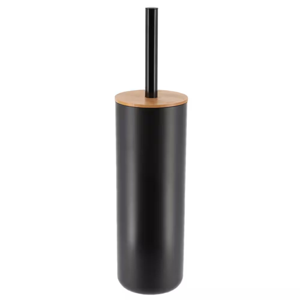 Black Toilet Brush & Holder Set with Bamboo Top