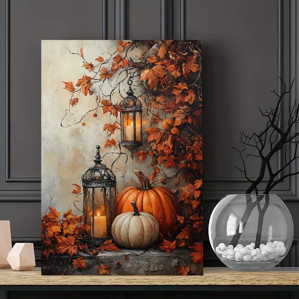 Halloween Pumpkin & Maple Leaves Canvas Wall Art