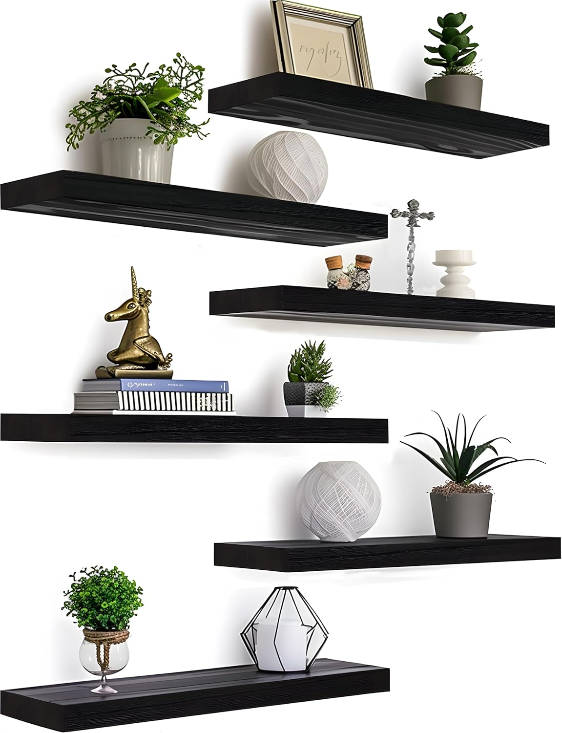 Black Wood Floating Wall Shelves (Set of 6)