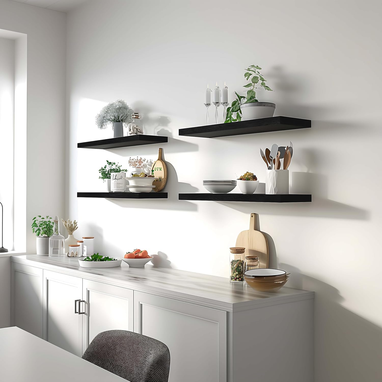 Black Wood Floating Wall Shelves (Set of 6)