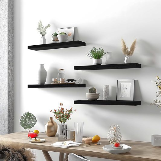 Black Wood Floating Wall Shelves (Set of 6)