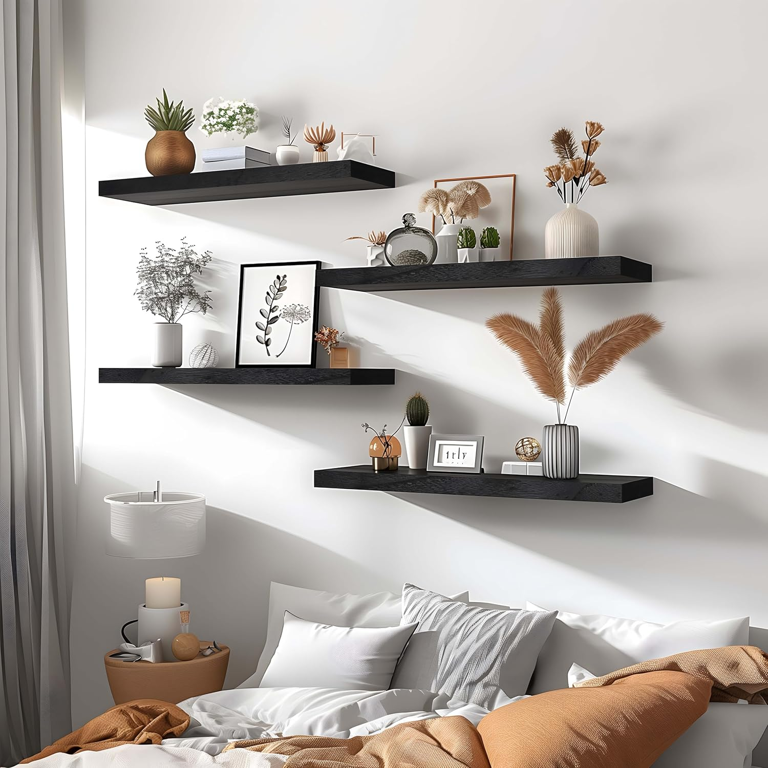 Black Wood Floating Wall Shelves (Set of 6)