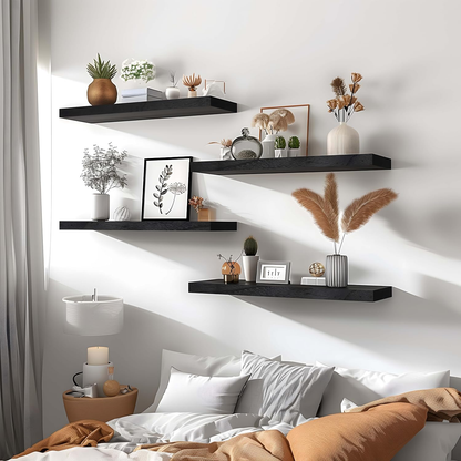 Black Wood Floating Wall Shelves (Set of 6)